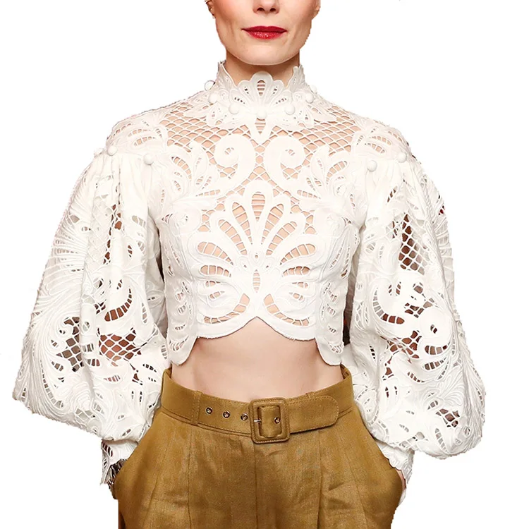 На заказ 2021 летняя блузка для женщин сексуальная открытая укороченная блузка с рукавами-пузырями кружевная женская рубашка с вышивкой