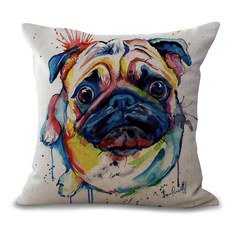 18x18 Inches Cute Animal Watercolor Painting Pug Dogs Watch You Decorative Throw Pillow Covers Cotton Linen Pillow Case