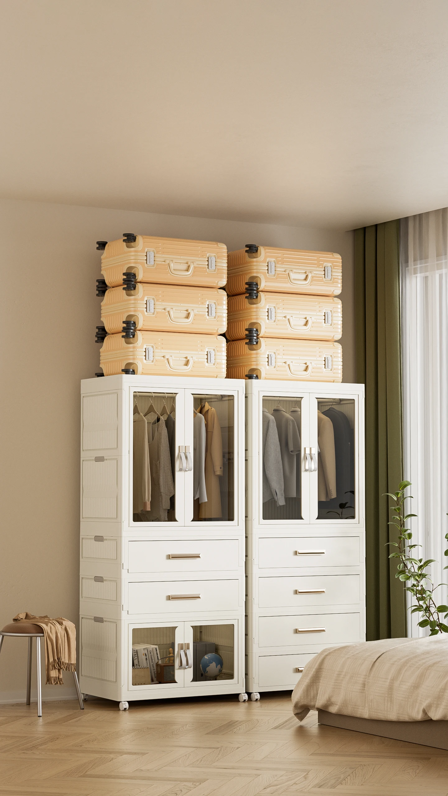 Modern high quality multi-functional foldable household plastic wardrobs cabinets plastic with wheels