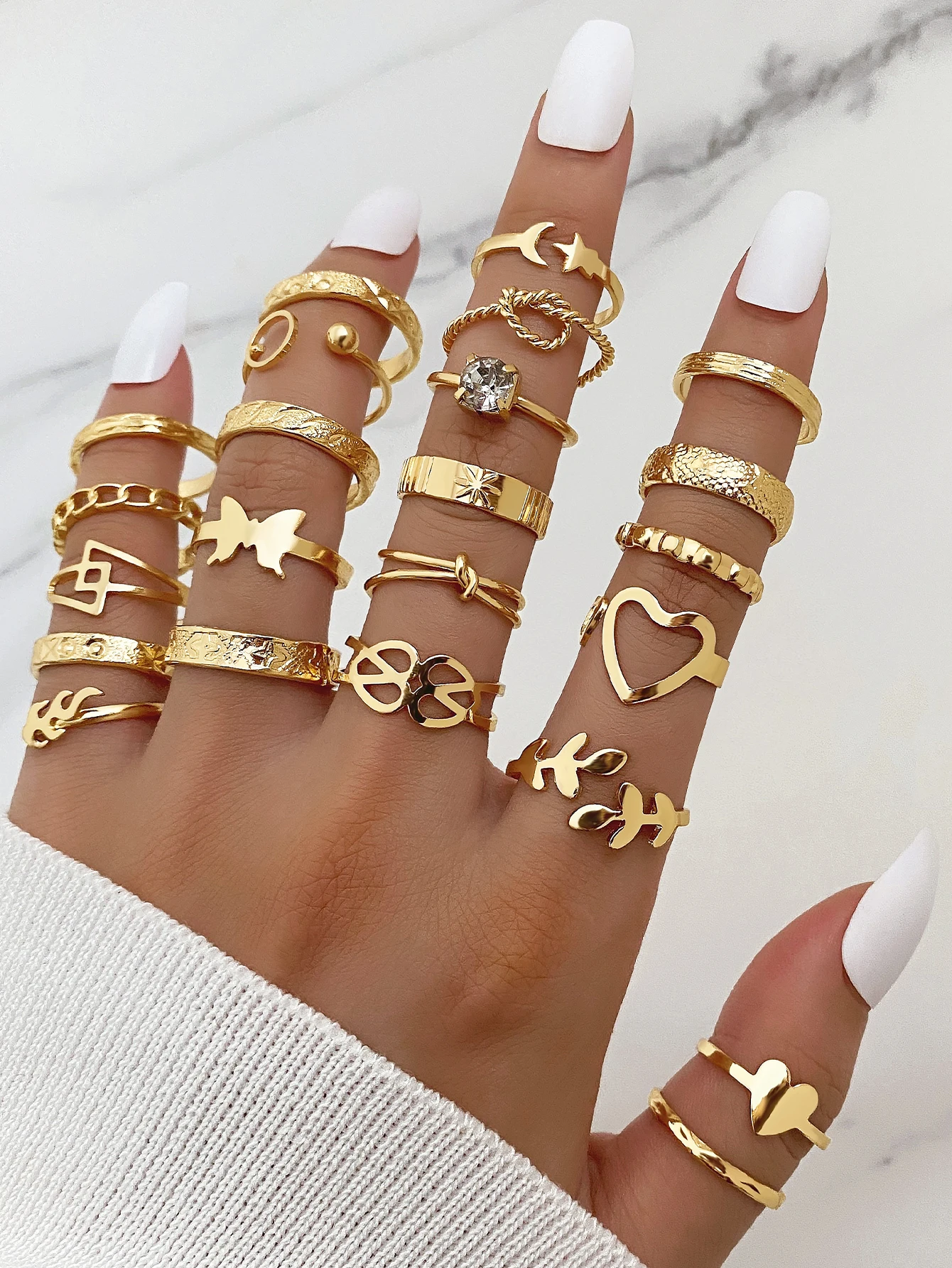23pcs/set Trendy Geometric Gold plated Crystal Finger Ring Set Punk Diamond Chunky Pearl Rings Set For Women Jewelry Gift