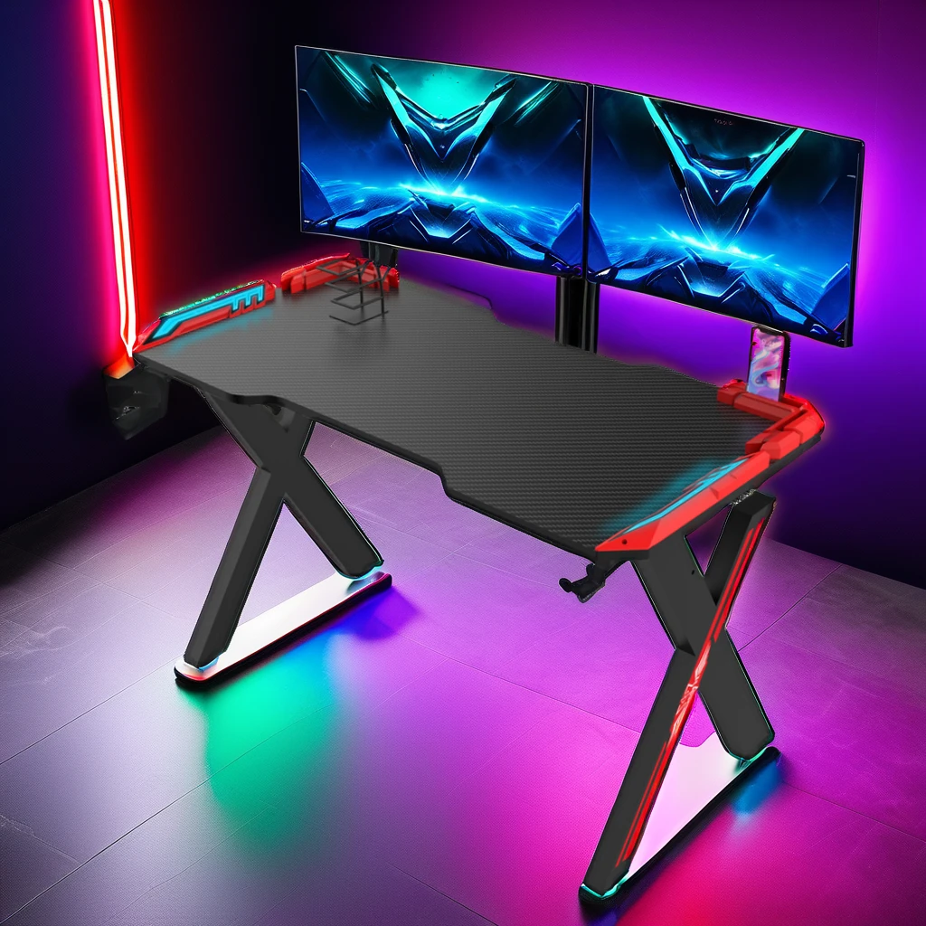 Factory Wholesale Luxury Design RGB LED Esports Computer Gaming Desk With Cup Holder 100cm High Quality Black PC Gaming Table