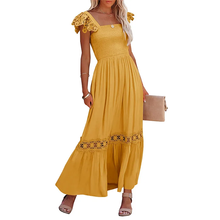 Womens Summer Boho Lace Strap Short Sleeve Square Neck Ruffle A Line Flowy Beach Long Maxi Dress with Pockets