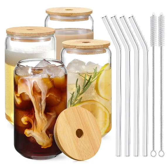 Online Hot 16oz Can Shaped Glass Cups Beer Iced Coffee Drinking Glasses with Bamboo Lids Straw
