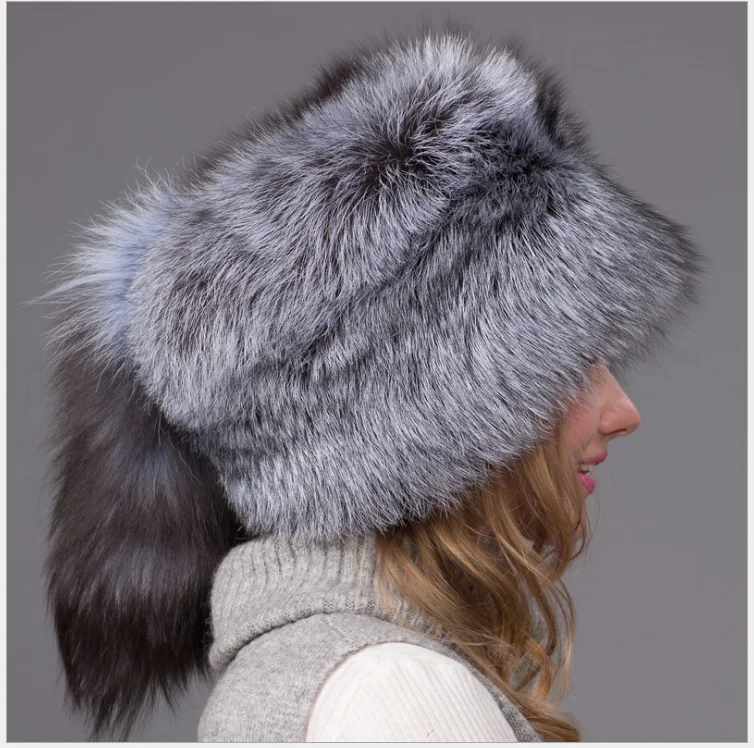 Girls Grey Winter Hat Mongolian Fox Fur Headband Hat Natural Fur Ear Flaps Hat