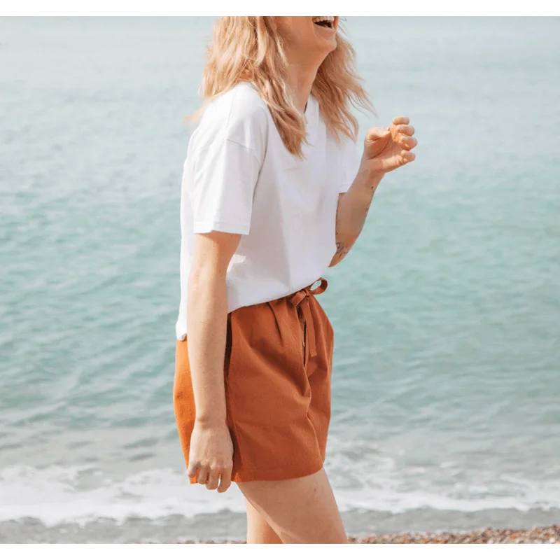 custom logo free size metal zip wooden button additional drawstring clay solid color casual light summer shorts for women