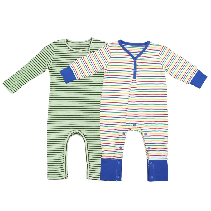 SEEJOYOU Custom Factory Pajamas Striped Ribbed Cotton Infant Romper Boys Girls Bamboo Baby Clothes Animal Newborn Friendly