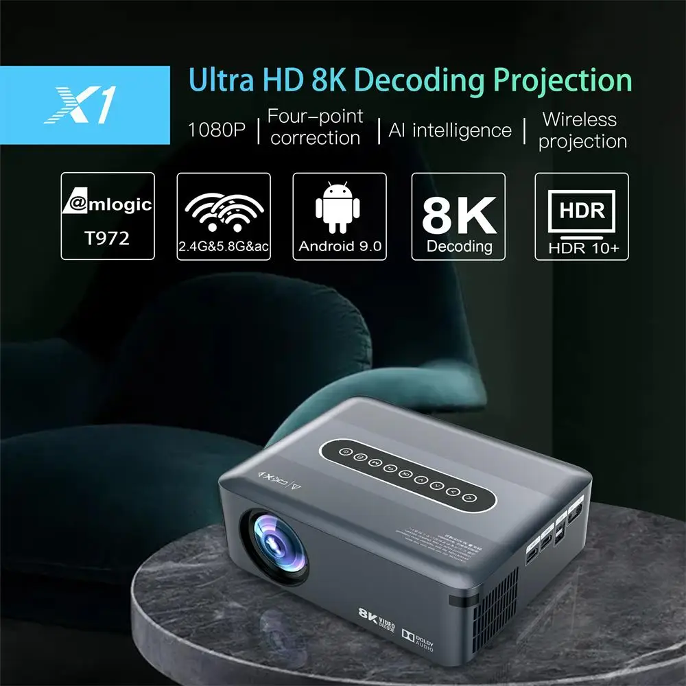 Ready to ship home projector 4k home theater 12000 lumens 8k android 9 dual wifi smart projector with voice remote control