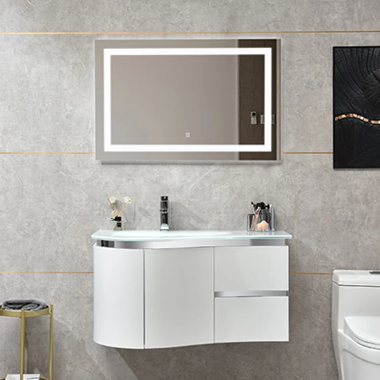 Hotel new design home pvc glass basin LED light bathroom plastic cabinets