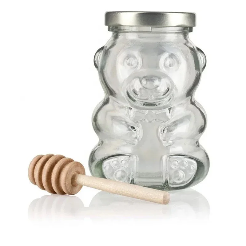 Unique Shaped 250ml Small Honey Bear Glass Bottle Transpartment Food Storage Jar mini honey jar with dipper