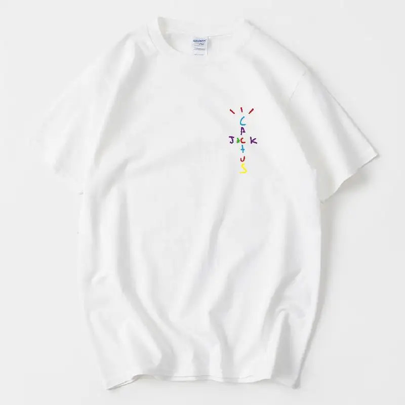 Rapper Cactus Jack Rainbow Alphabet Print T-shirt Hip Hop Quality Cotton Short Sleeves Men Wome Oversized Tops