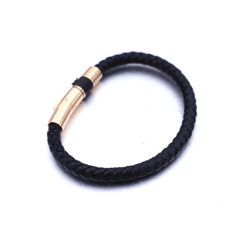 Fashion Jewelry Charm Stainless Steel Rose Gold Classical Magnetic Clasp Braided Black Genuine Leather Bracelet