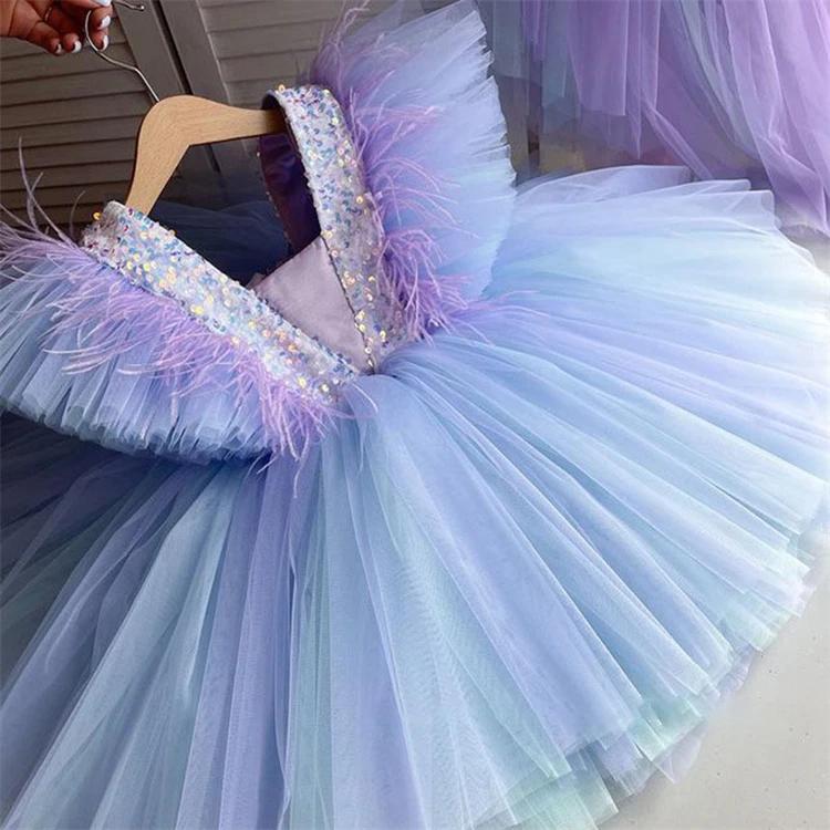 Wholesale Princess Ruffles Sleeves Pink Tutu lace Dress For Birthday Party 2-12 Years Old Girls Dresses