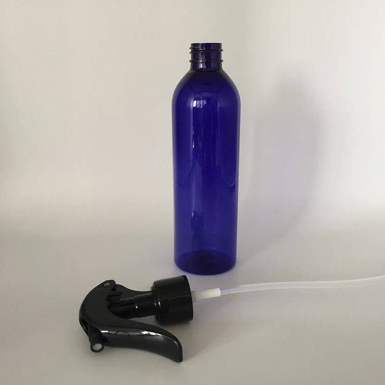 Low MOQ 250ml 8oz plastic PET cobalt blue spray bottle with black trigger sprayer cap lid for cosmetic liquid, water, cleaning