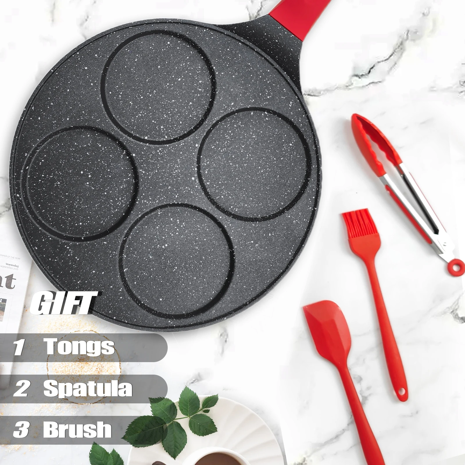 Kitchen Utensils Non-stick Frying Pot Pan 7 seven-Holes Steak Egg Pancake Thickened Omelet Pan Wooden Waffle Handle Pan
