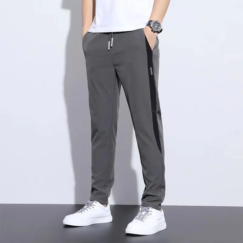 Men Fast Dry Stretch Pants Ice Silk Trousers Solid Color Mid-waist Loose Breathable Straight-leg Casual Pants Thin Sports Pants