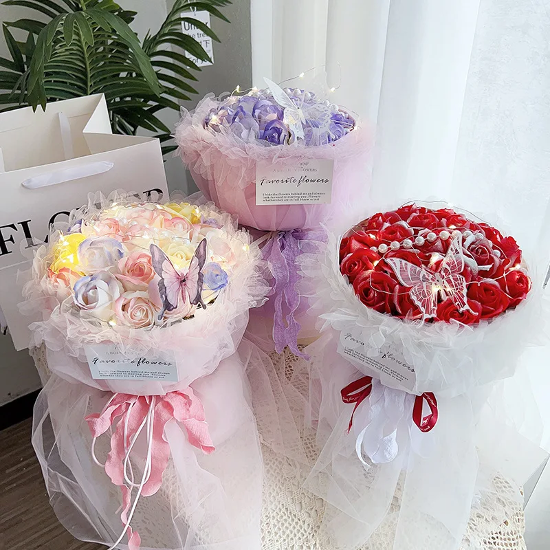 wholesale new wedding eternal flower bouquet with butterfly gift ribbon fabric lace receptacle handheld  rose bouquet