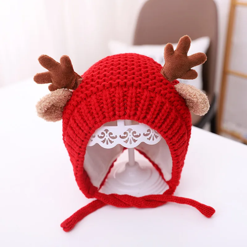 2022 Christmas Winter Kids Acrylic Knitted Custom Hat Deer Embroidered Girls Customized Knitting Pom Pom Gorro Beanies