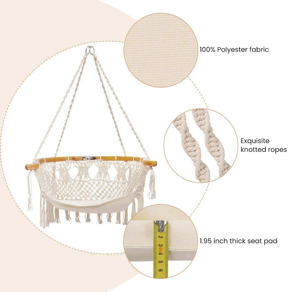 Hammock Chair Macrame Swing, Wide Bamboo Back Support Handmade Knitted Hanging Cotton Rope Hammock Swing Chair for Indoor Outdoo