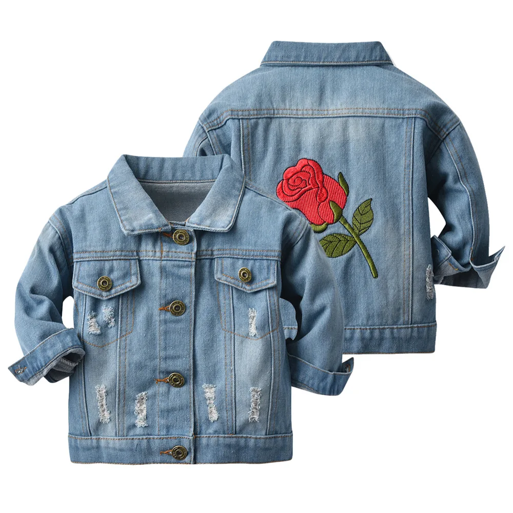 CHH0241 spring toddler kid girl trench coat jeans rose embroidery fashionable single breasted lapel jacket coat