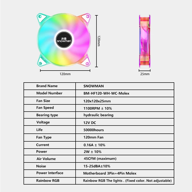 SNOWMAN Super Silent Large Air Volume Radiator PC 120mm Fan LED Colorful  Ventilador Cooling Fan for PC Case