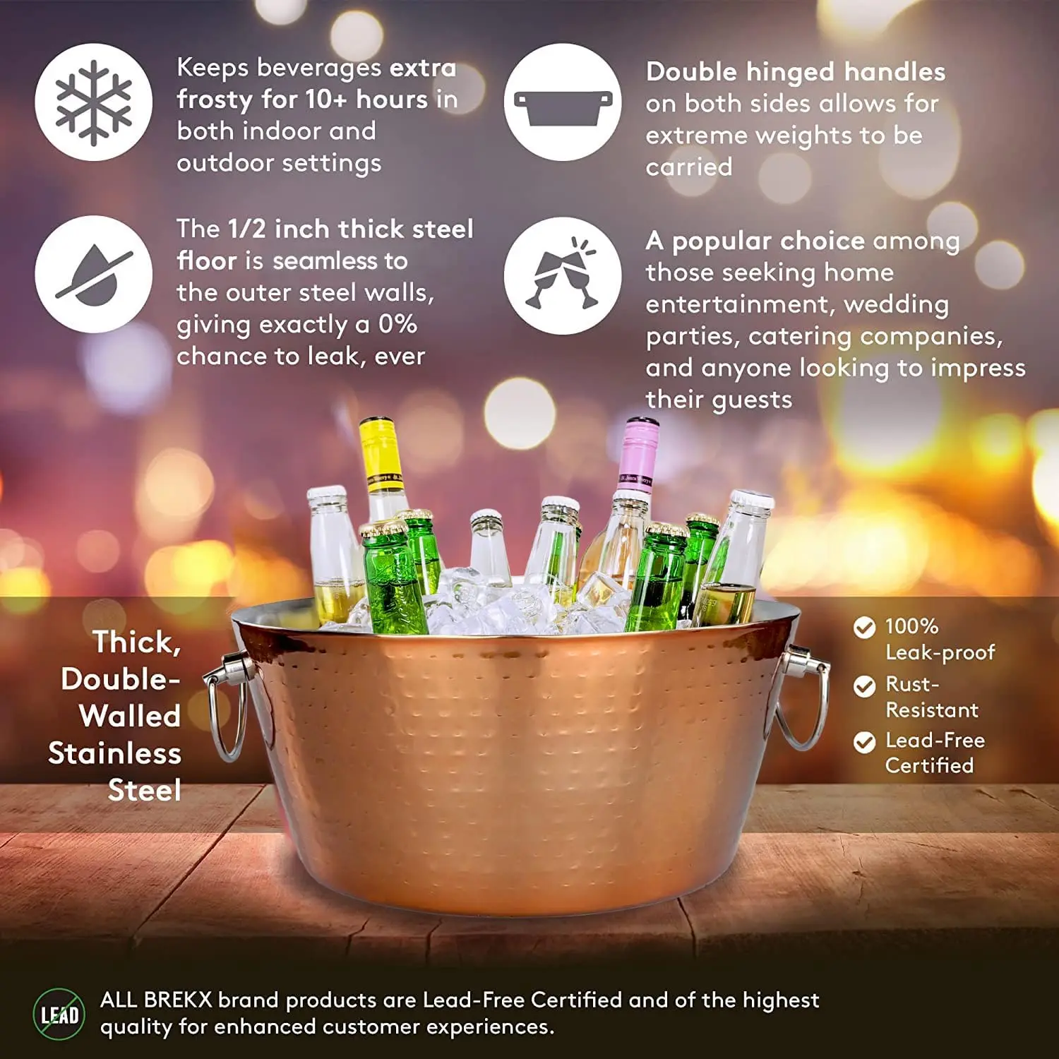 Rose Copper Hammered Stainless Steel Beverage Tub Double Walled Insulated Anchored Drink Tub Ice Bucket Drink Chiller for Party