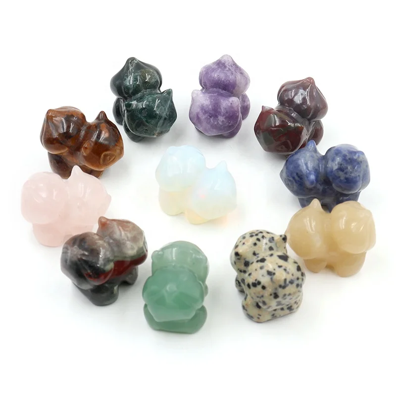 30mm Natural Quartz Crystal Healing Gem Stone Animal Cartoon Bulbasaur Crystal Carvings For Home Decoration Gift