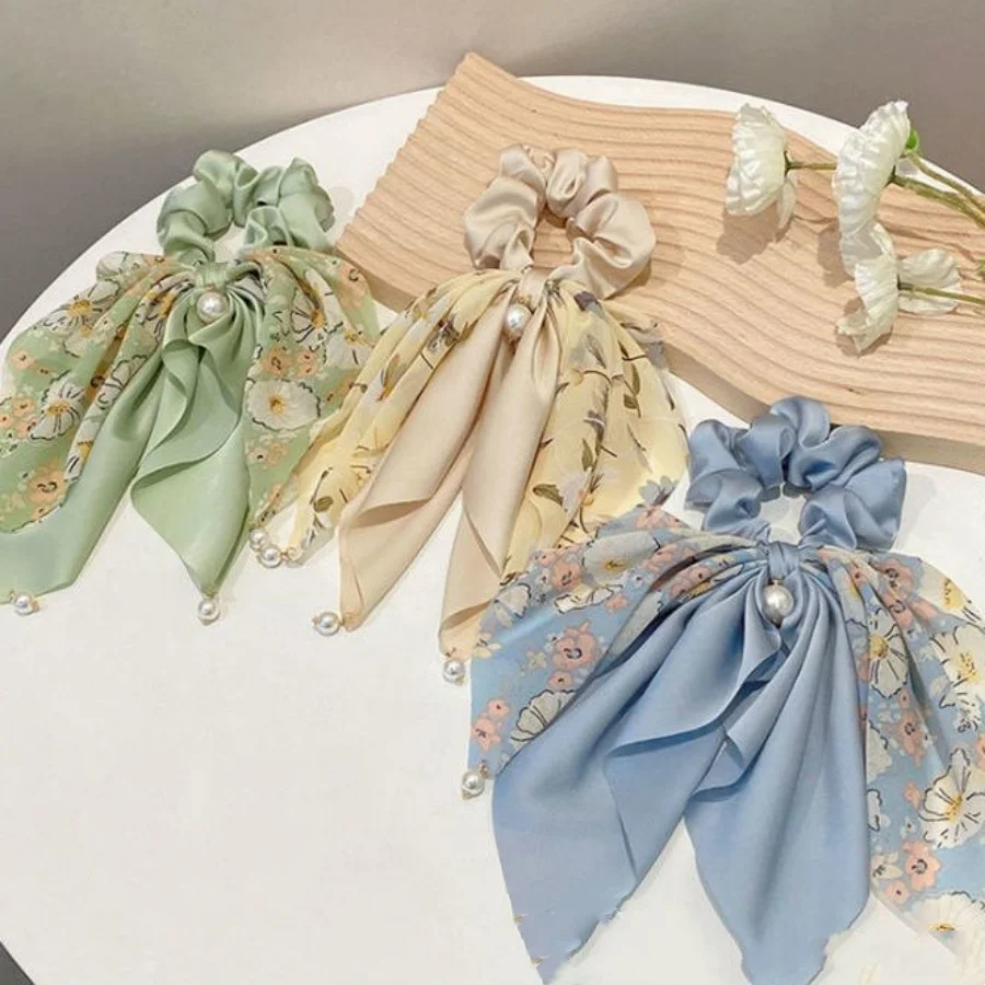 Women Floral streamer Scrunchy Bow scrunchies Headpiece Summer Hair Tie High Ponytail Hair Accessories Wholesale