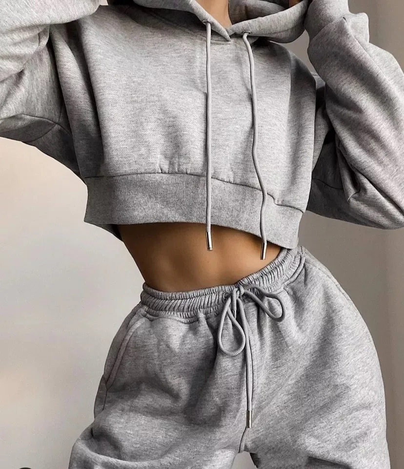 Hot selling Women custom 2 piece outfits pants sweat suits for ladies crop top hoodie and jogger sets