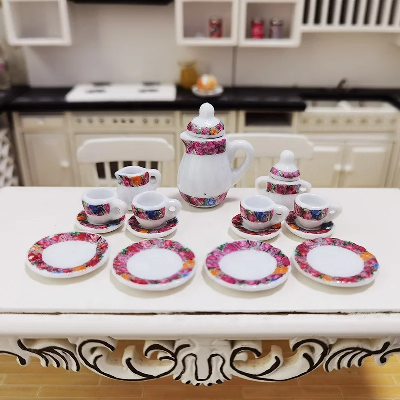 1:12 Кукольный дом diy cottage мини Керамическая Готовая модель Подарочная игрушка 15 чайный набор Мини игрушечная посуда