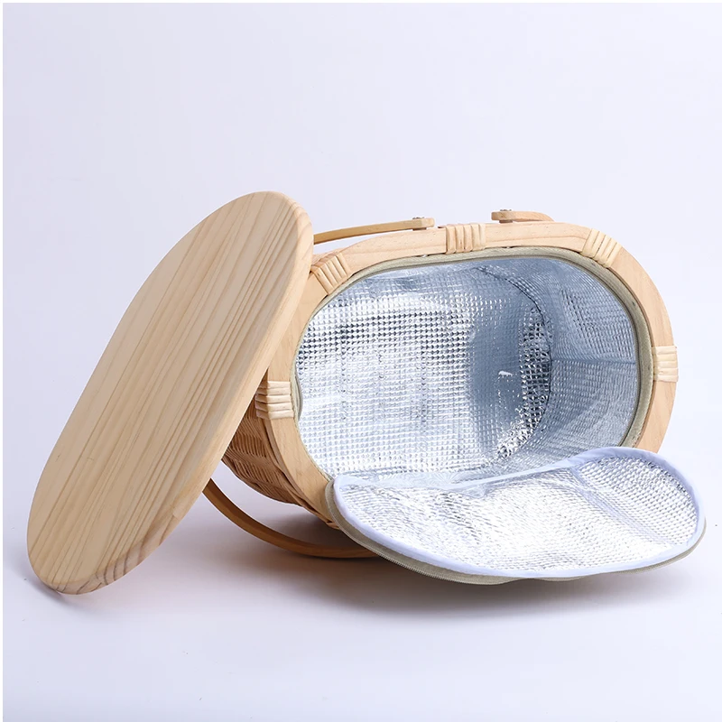 handle oval beach round willow wholesale insulated rattan cooler wood top wicker picnic basket with wooden lid for 4 person