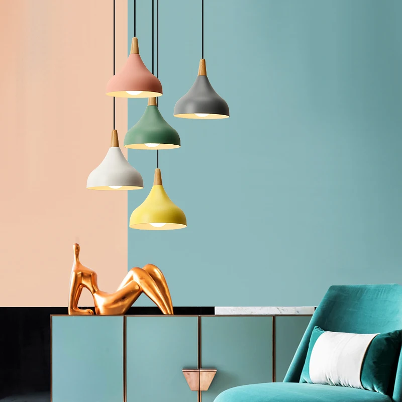 iron matte colorful  Modern Simple Yellow Pink White Gray Green Metal Shade Hanging Home  Chandelier Pendant Light
