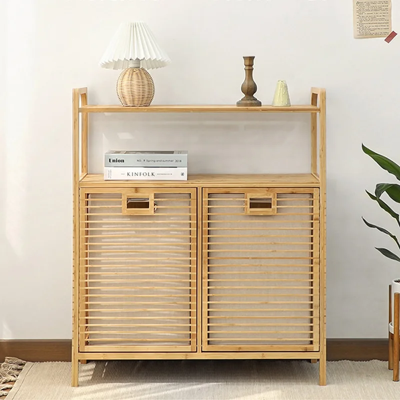 Wholesale factory outlet Bamboo organizer racks bathroom shelf  wooden storage shelves Dirty Clothes Basket