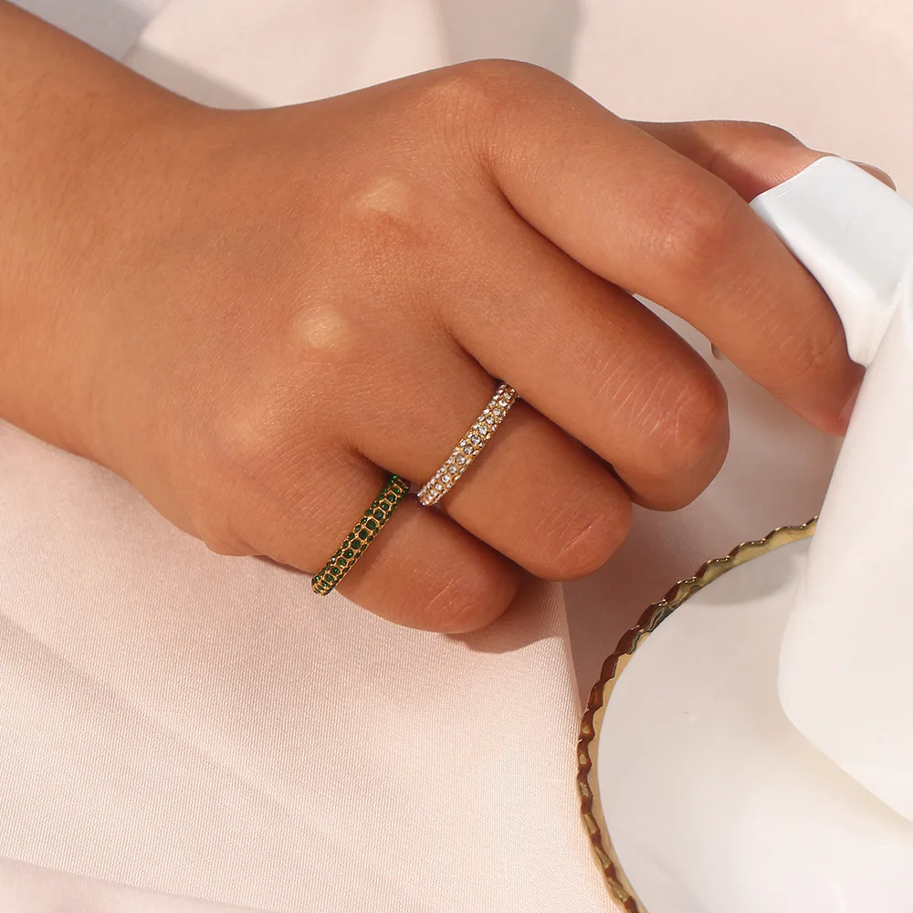 Wholesale Custom PVD Plated 18K Gold Stainless Steel Jewelry Black Diamond 3A CZ Zircon Ring for Women