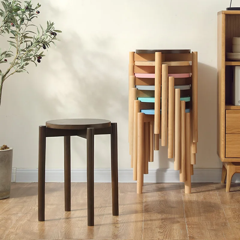 Wooden Dinning Make up Chair Round Stackable Wood Stool for Kitchen Living Room