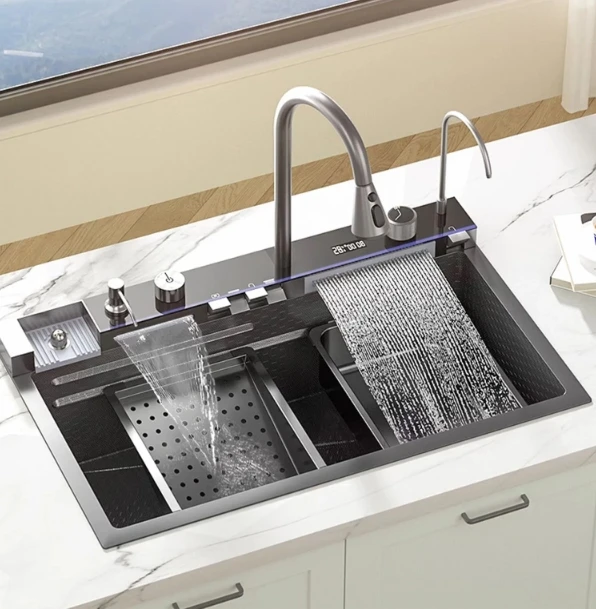 Modern Black Flying Rain Waterfall Smart Kitchen Luxury Organizer Rack Dish Dish Storage Rack for Kitchen OEM Brushed