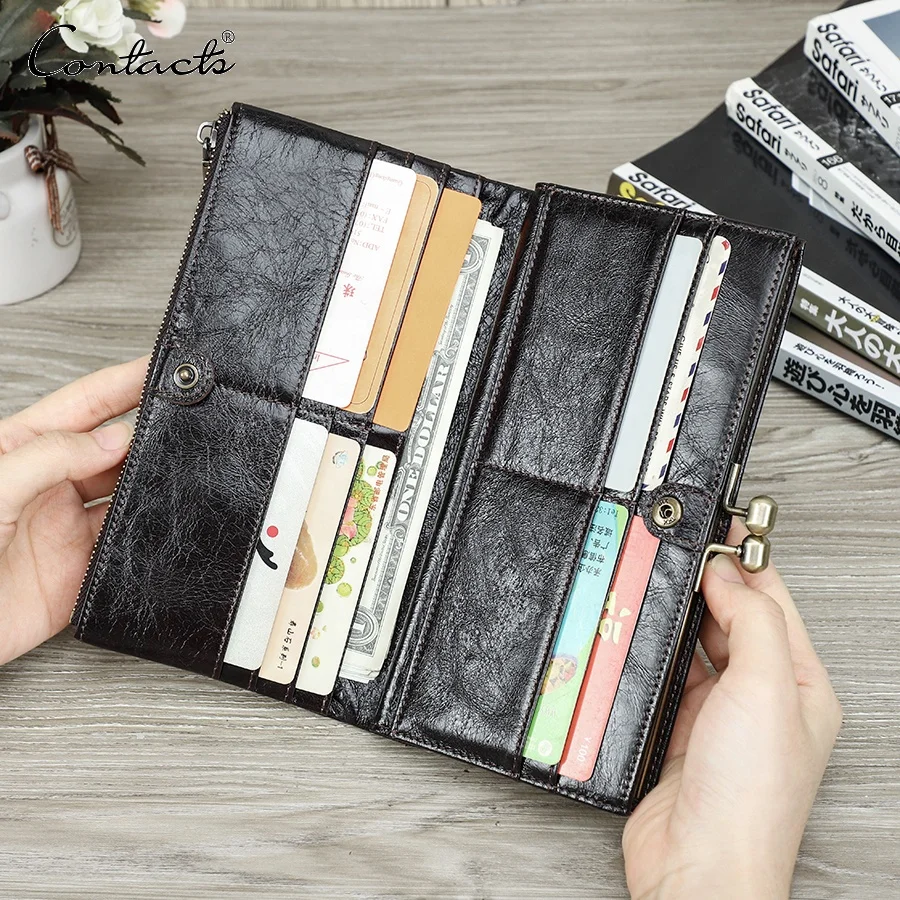 Genuine Leather Woman Credit Card Holder Metal Frame Closure Coin Purse Long bifold Wallet Women