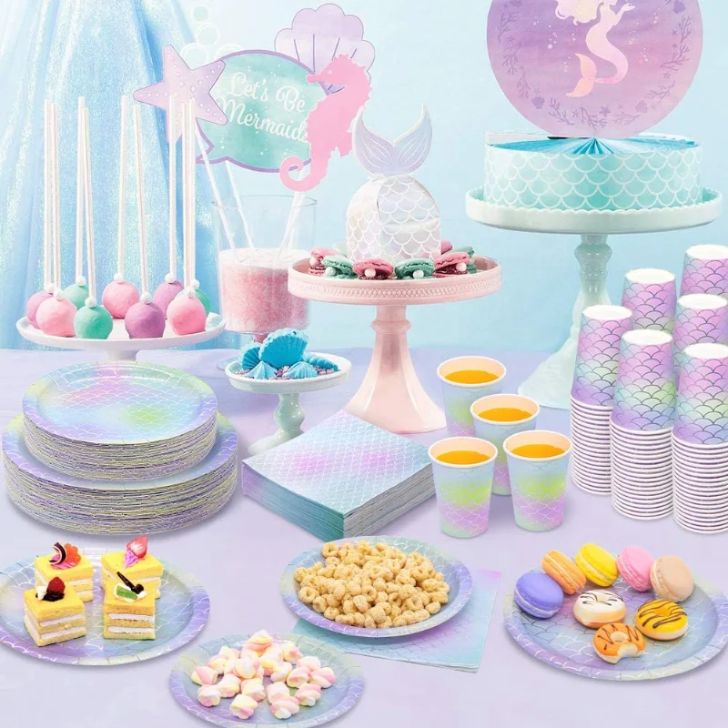 Mermaid Party Disposable Tableware Set Paper Cups Plate Kids 1st Birthday Party Decorations Mermaid Balloons Baby Shower Favors