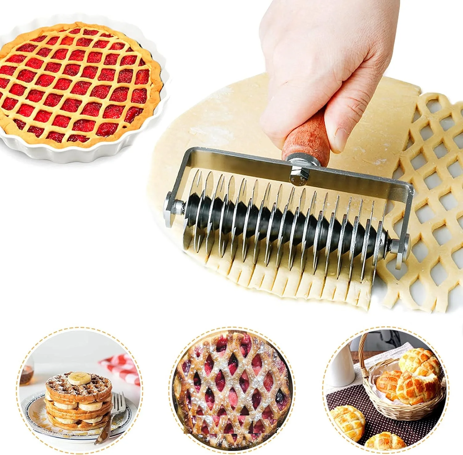 Lattice Cutter Dough Lattice Roller Cutter Baking Tool Cookie Pie Pizza Bread Pastry Crust Roller Cutter with Wood Handle