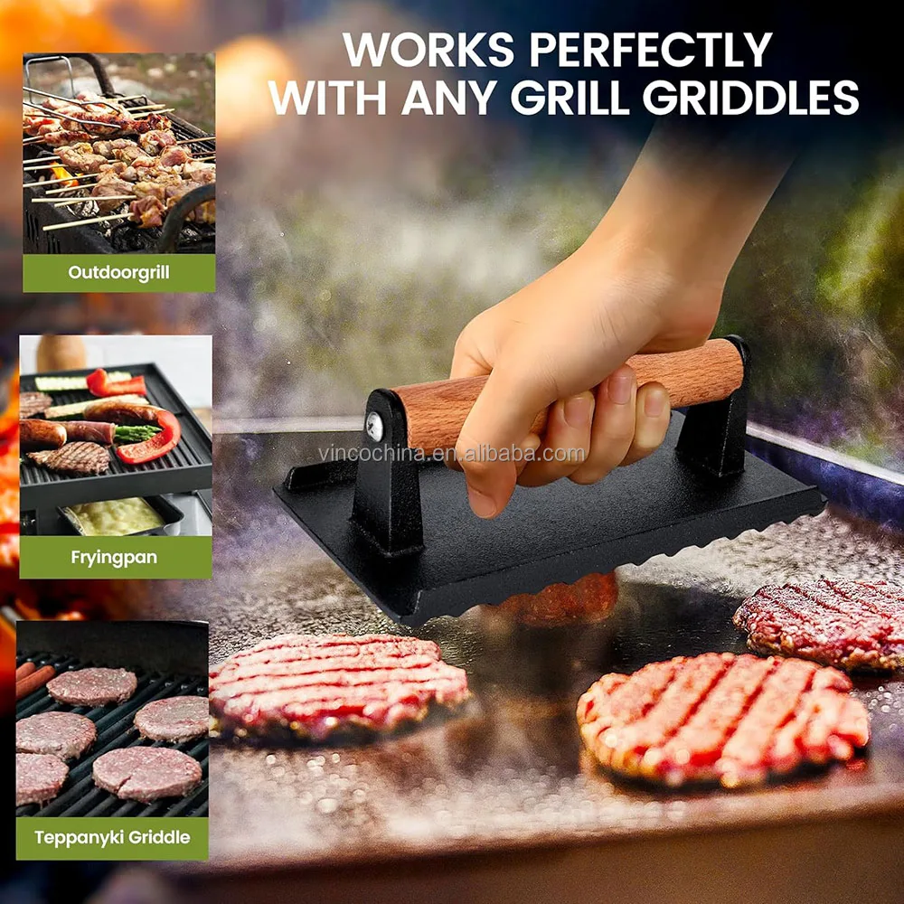 Burger Press Cast Iron Smash Bacon Press Round & Rectangle Cast Iron Grill Press With Wooden Handle for Blackstone Griddle