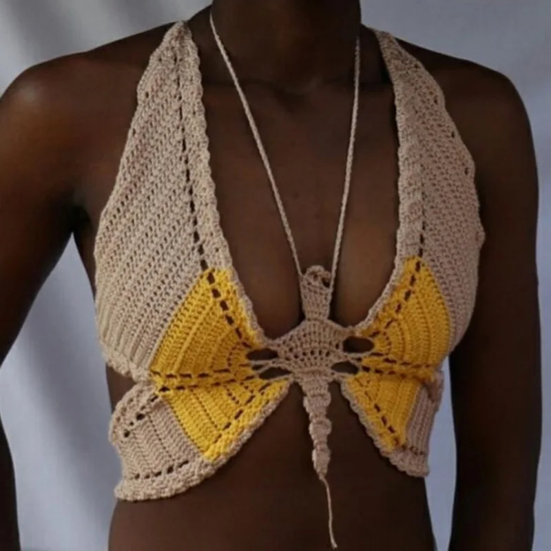wholesale butterfly crochet top sexy crochet bikini top splicing crochet tops for women