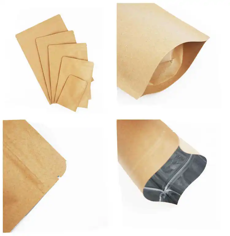 Factory Wholesale Food Packaging Doypack Stand up Pouch Plain Brown Kraft Paper Bag with Zip Lock for Tea Snack