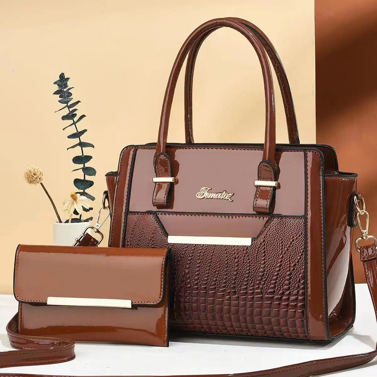 Hot selling pu leather women stock handbags set Color Choose 2pcs handbags set