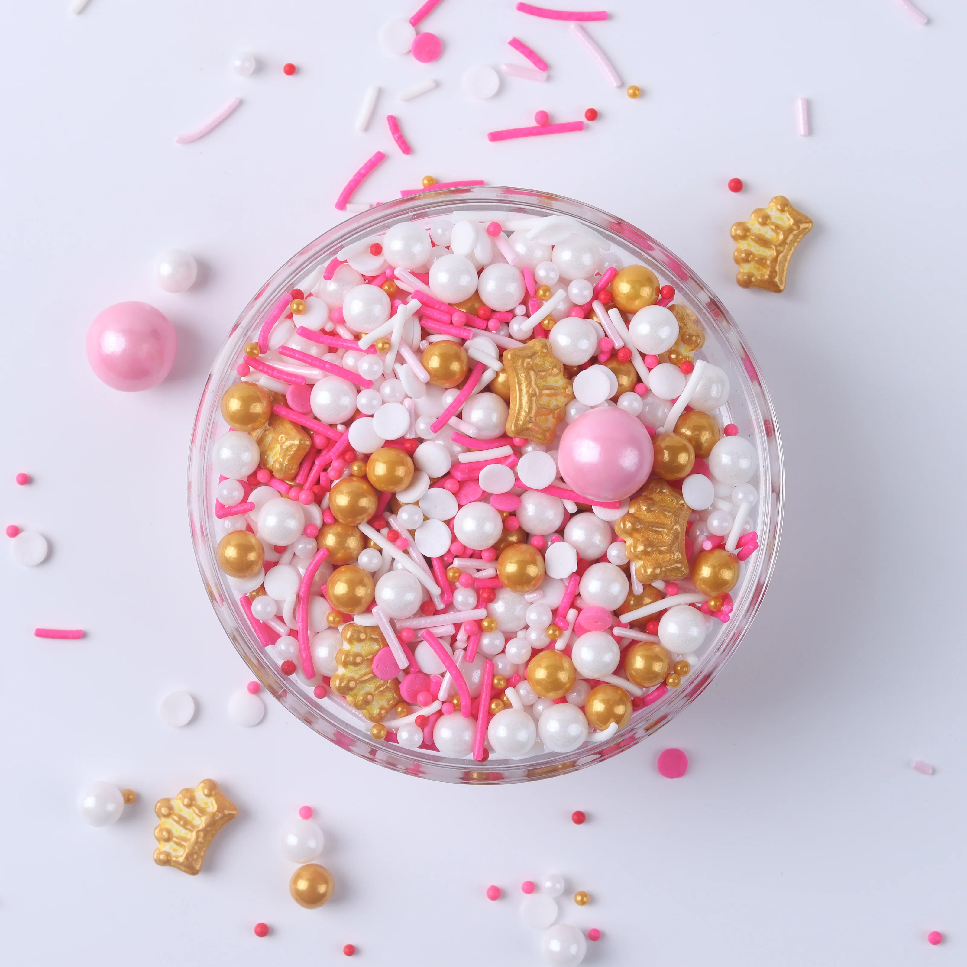 Lovebakery Valentine Pink Sugar Pearls Cake Sprinkles Mixes Gold Crown Press Candy Shimmer Jimmies Sprinkles for Bake Decoration
