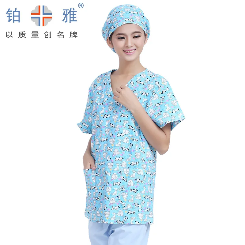 new hand washing clothes short sleeve surgical clothes doctor and nurse summer cosmetology overalls printed polyester shirt