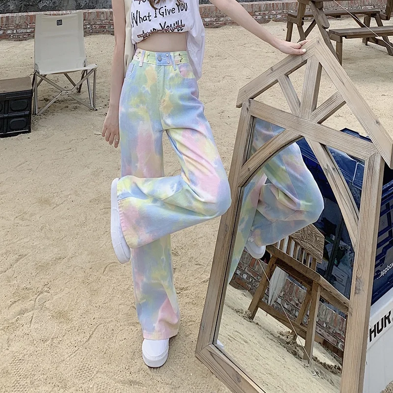 2022 New Arrival Plus Size Wide Leg Women Denim Pants Tie-Dye Colorful Straight High Waist Jeans For Summer
