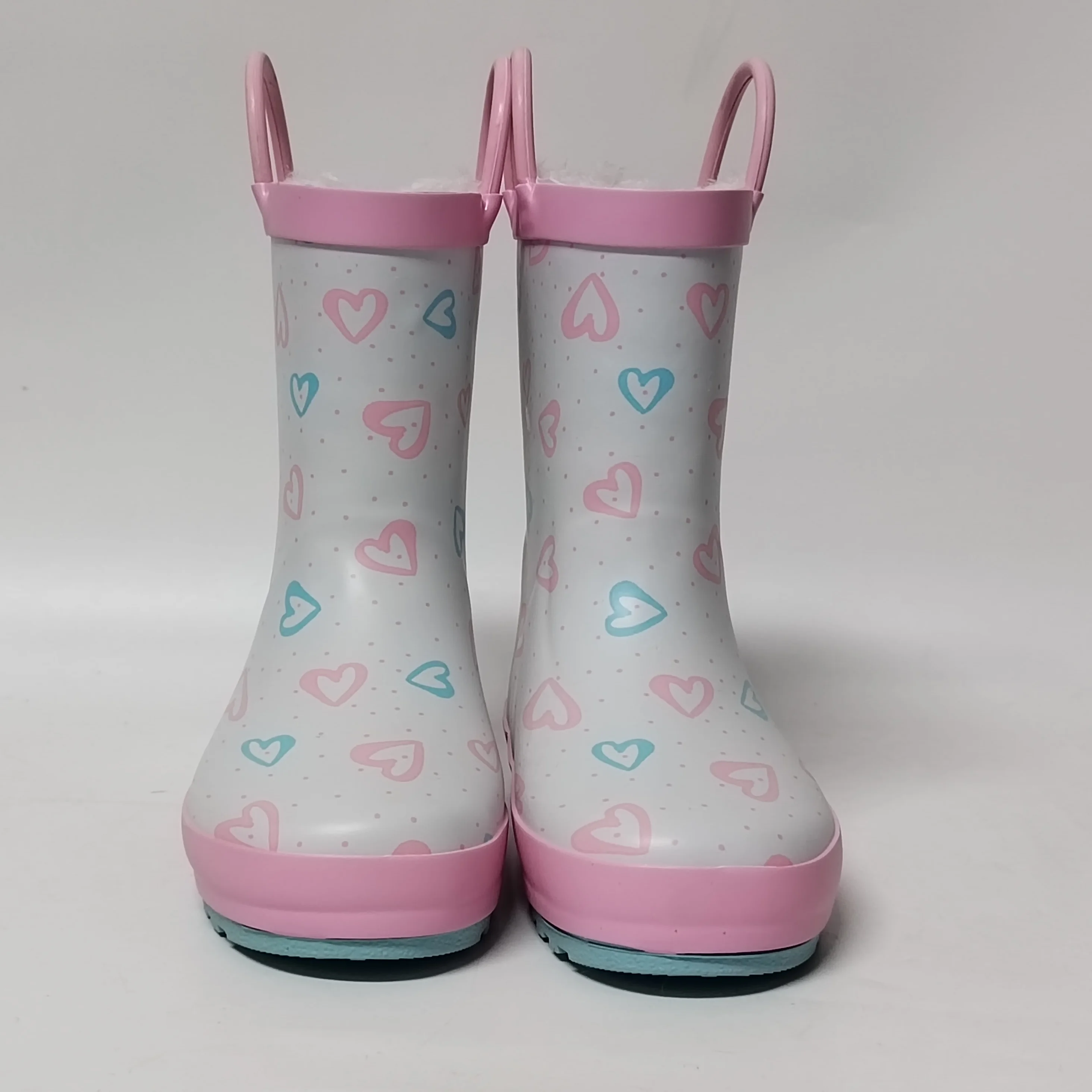 the latest design heart printed polar fleece lining rubber rain boots for Children Kids