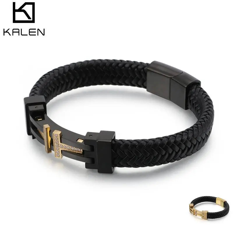KALEN Gold Black Stainless Steel Zircon Cross Leather Bracelet