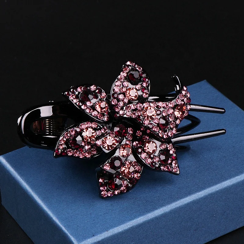 Hot selling black all match hair claw accessories elegant style colorful crystal Rhinestone spring banana hair clips for women