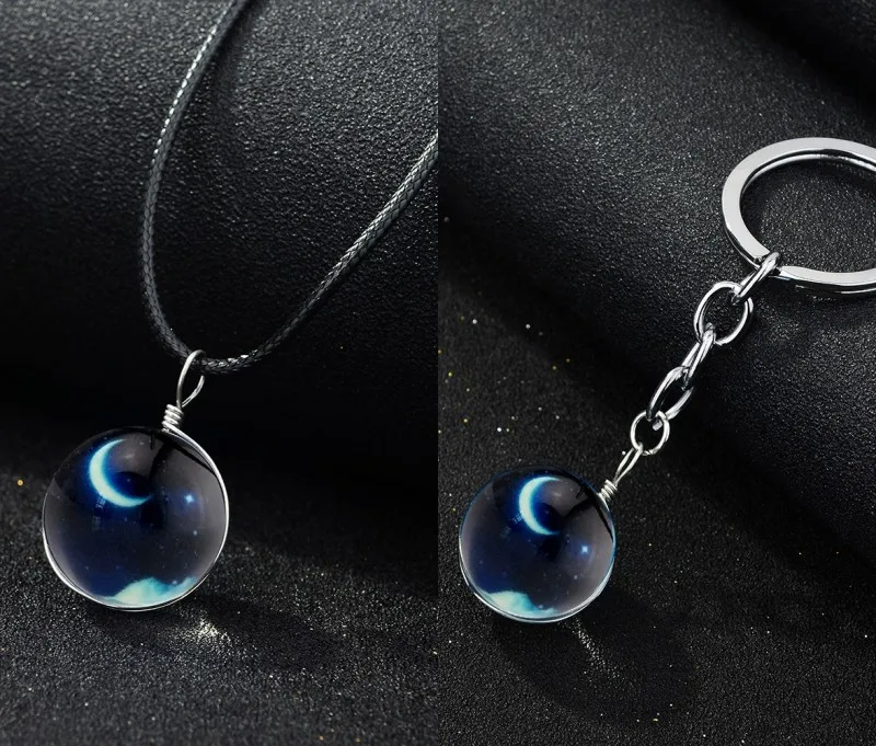 Solar System Necklace Galaxy Planet Pendant Double Side Glass Crystal Ball Universe Necklace Key chain Handmade Jewelry Set