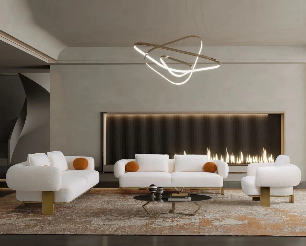 Modern Luxury Shiny Gold Stainless Frame White Velvet Love Seat Three Seat Sofa For Home Living Room Furniture Hotels Villa Use